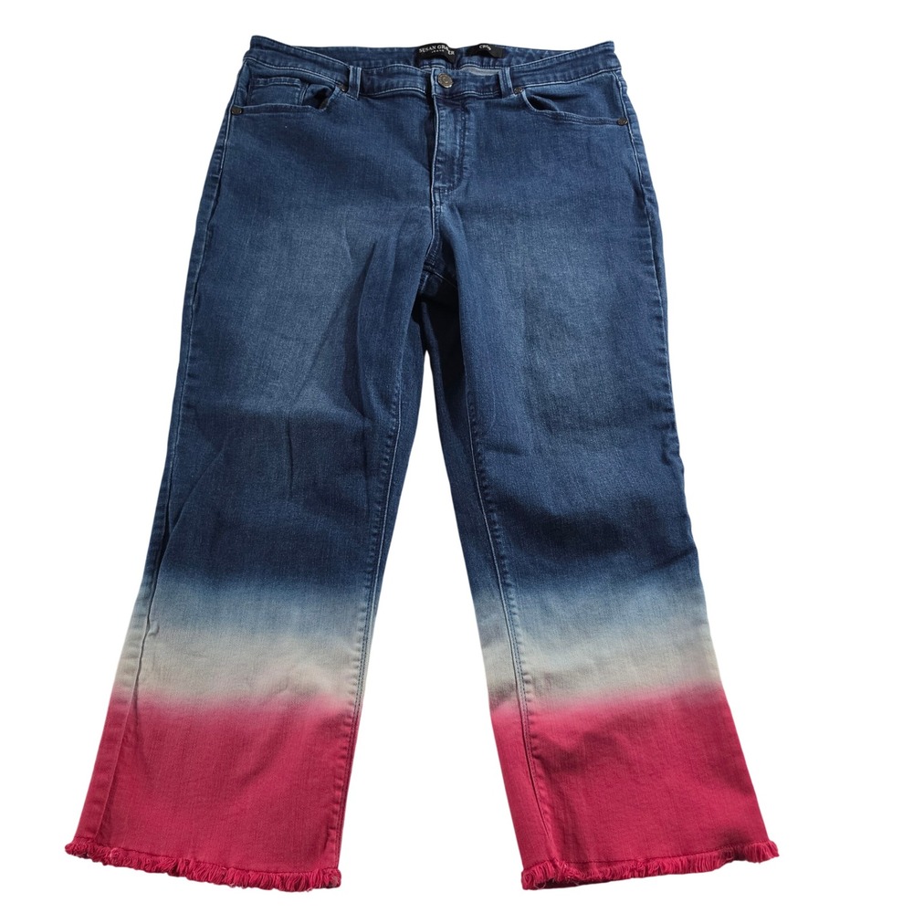 Susan Graver Jeans Womens 14P Blue Pink Ombre Dip Dye Crop Frayed Hem Straight